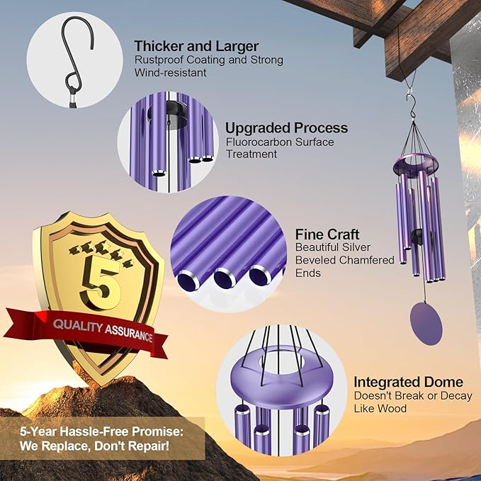 Purple Wind Chimes for Outside Deep Tone, Personalized Metal WindChimes Tuned Melodic Music Sound, Outdoors Decor for Garden Patio Home with Rewritable Wind Catcher