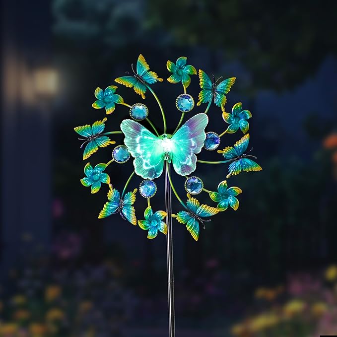 46" Butterfly Solar Outdoor Windmill Led Garden Wind Spinner, Sapphire Kinetic Wind Spinner Outdoor Decor, Wind Sculpture Yard Art for Patio, Lawn & Garden