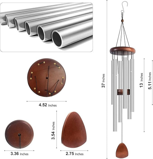 Wind Chimes for Outside with Wood Wind Catcher, 37 Inches Large Aluminum Windchimes Outdoors for Patio Decoration & Zen Atmosphere, Best Gifts for Mom(Silver)