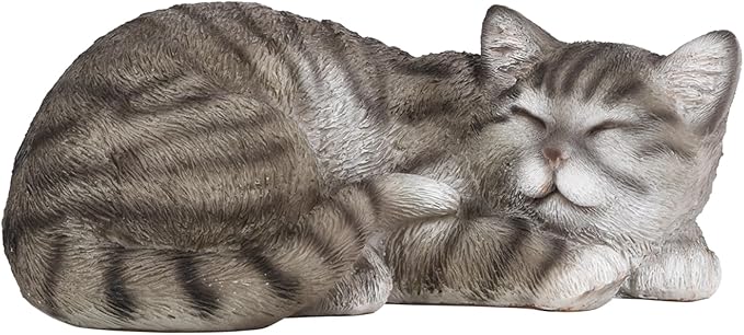 Elenon Cat Garden Statue Decorative for Yard, Grey Tabby Sleeping Cat Figurines Home Lawn Decor, Patio Kitten Tuxedo Statues Pets Memorial Ornament for Cat Lovers