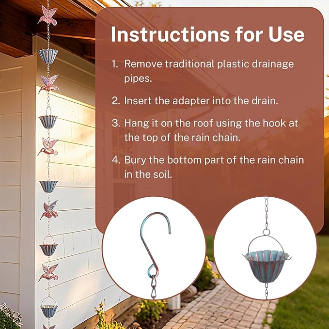 Rain Chains for Gutters, 8.8 Ft Rain Chains with 8 Cups & 9 Hummingbird Decor, Rain Barrels to Collect Rainwater from Gutter, Gutter Downspout Extensions