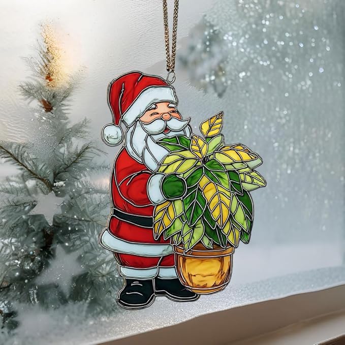 Happy Santa Holding Plant Pot Acrylic Suncatcher Stained Glass Effect Window Car Hanging Christmas Ornament Indoor Outdoor Decor Garden Sun Catcher Panel for Women Mom Grandma