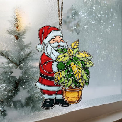 Happy Santa Holding Plant Pot Acrylic Suncatcher Stained Glass Effect Window Car Hanging Christmas Ornament Indoor Outdoor Decor Garden Sun Catcher Panel for Women Mom Grandma