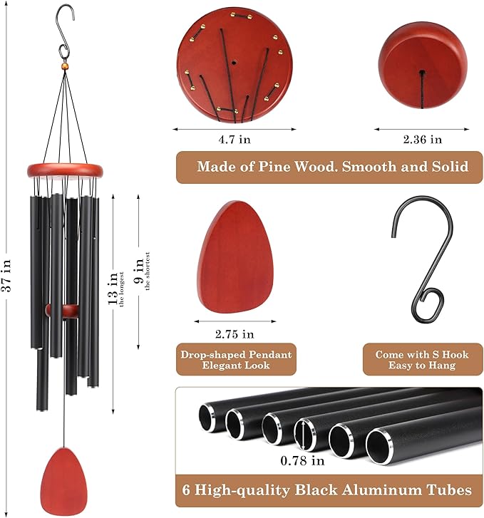 Large Aluminium Wind Chimes Soothing Melodic Classic Black Wind Chime 37" to Create a Zen Atmosphere. Sympathy/Memorial Gift, Indoor Outdoor Garden Patio Decoration