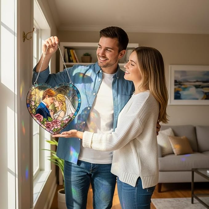 NAZENTI Custom Photo Stained Glass Suncatcher Gifts for Valentine Birthday Anniversary, Personalized Couple Portrait Window Hanging for Husband Wife, Romantic Home Decor for Boyfriend