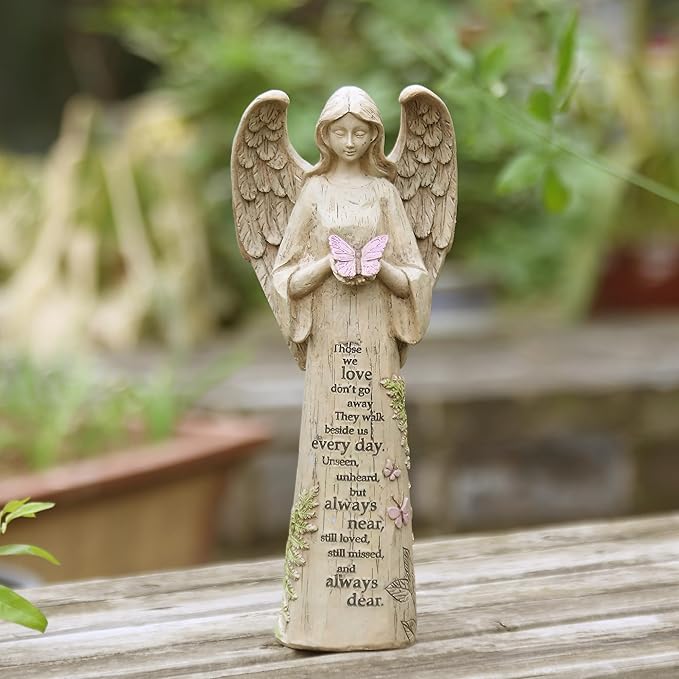 Topadorn Angel Statue Decoration for Garden & Patio, Standing Angel with Butterfly Memorial Resin Figurine Sculpture Ornament, Waterproof Antique Stone, 10''H