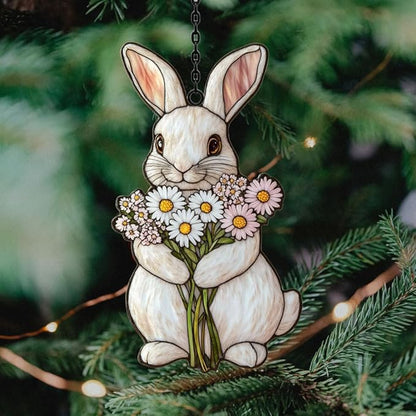 Whimsical Pastel Floral Bunny Mosaic Acrylic Suncatcher Stained Glass Effect Window Car Hanging Christmas Ornament Indoor Outdoor Decor Garden Sun Catcher Panel for Easter Lover for Women Mom Grandma