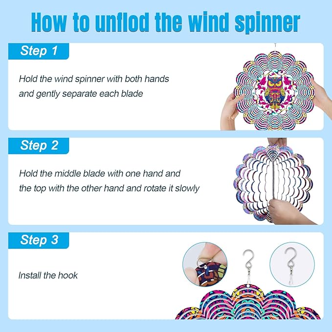 Wind Spinners Outdoor, Owl Metal 3D Hanging Garden Decor, 12-inch Stainless Steel Wind Spinner with Tail Spinner, Wind Sculptures for Patio Lawn Yard, Ornament Gift for Women/Men