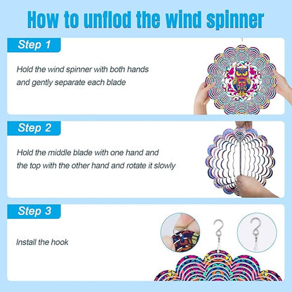 Wind Spinners Outdoor, Owl Metal 3D Hanging Garden Decor, 12-inch Stainless Steel Wind Spinner with Tail Spinner, Wind Sculptures for Patio Lawn Yard, Ornament Gift for Women/Men