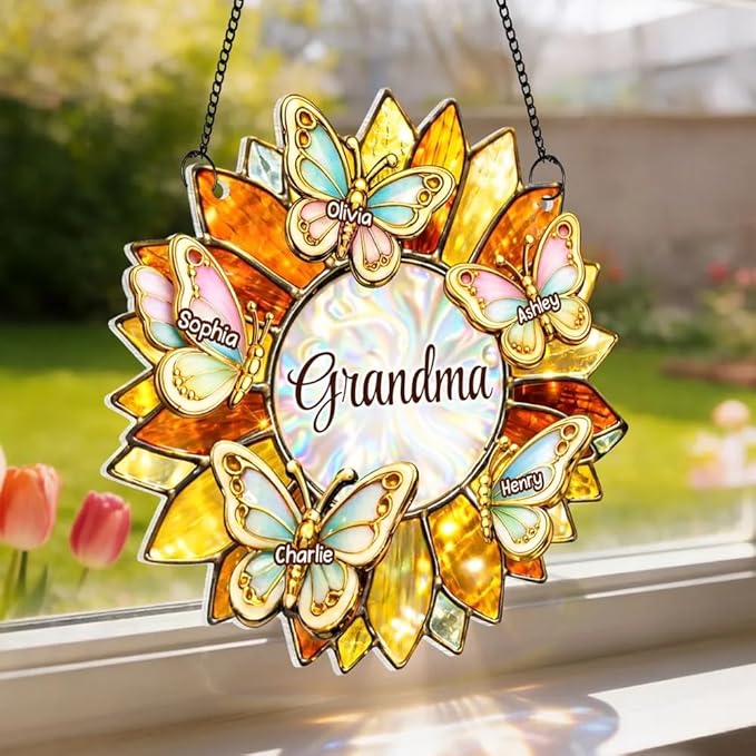 Personalized Grandma Mom Sunflower Butterfly Acrylic Sun Catcher Ornament, Custom Grandma Gifts for Mothers Day, Nana Gift from Grandkids, Custom Family Window Hanging Home Decor