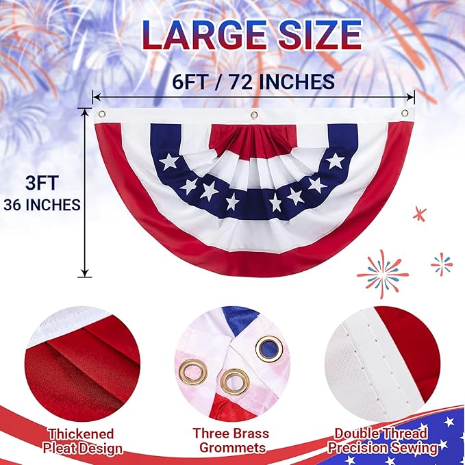 6 x 3 Ft 4th of July Decorations, Big American Pleated Fan Flag, Patriotic Decorations American Flag Bunting, Red White and Blue Half Fan Banner Bunting Flags Outdoor Indoor for Memorial Day Decor