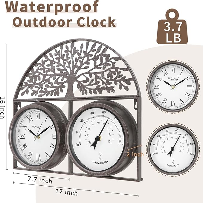 17Inch Large Outdoor Clock,Waterproof Wall Clock with Thermometer,Weatherproof Non-Ticking Quartz Battery Operated Decor Clock for Patio,Garden,Pool,Porch,House Warming Gifts