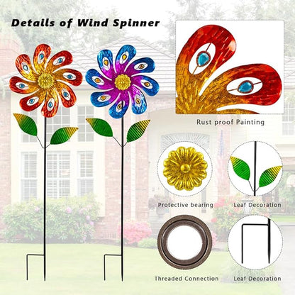 2 Packs Wind Spinners Outdoor, Metal Wind Sculptures & Spinners with Stake, Colorful Flower Windmill for Yard Patio Lawn Garden Decor, 36 x 9 Inches