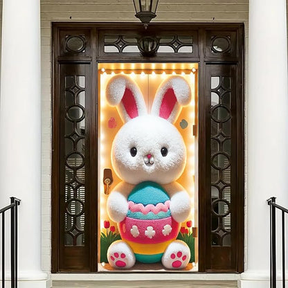 Happy Easter Door Cover Decoration Easter Eggs Bunny Banner Welcome Spring Happy Easter Day Party Photography Background Backdrop for Party Decorations Supplies 70.8 x 35.4 inch