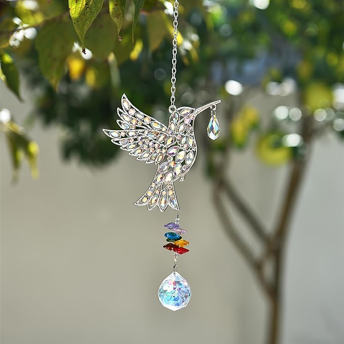 Hanging Silver Hummingbird Suncatcher, Crystal Hummingbird Suncatcher with Rainbow Prisms, Bird Decoration, Home Decoration, Birthday Gift