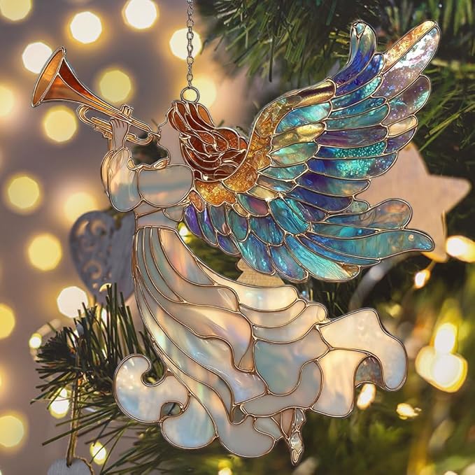 Whistle Angel Mosaic Style Tiffany Effect Acrylic Suncatcher Stained Glass Effect Window Car Hanging Christmas Ornament Indoor Outdoor Decor Garden Sun Catcher Panel for Women Mom Grandma