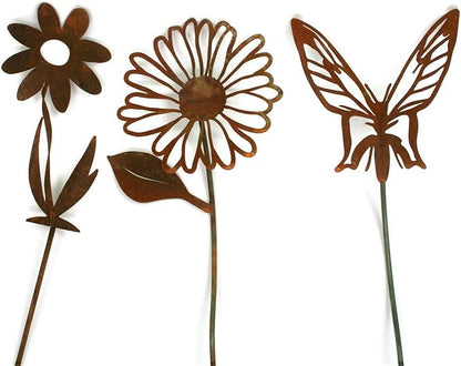 Metal Rustic and Colorful Flower Stakes Ranging from 9.5 to 36 Inches Tall (Daisy, Butterfly and Twisted Daisy Set, Naturally Rusted)