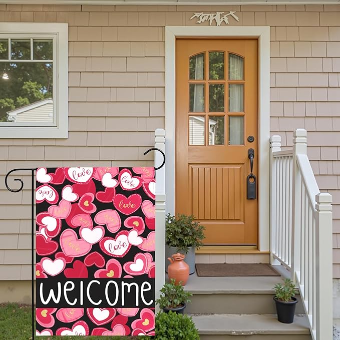 Valentines Day Garden Flag Welcome Love Heart Decorations Outdoor Yard Flags Romantic Red Pink Hearts Anniversary Holiday House Banners Seasonal Decor for Porch Patio Lawn Party 12×18 Inch