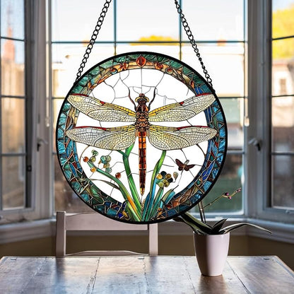 Dragonfly Suncatcher Stained Glass Window Hanging - 8″ Handmade Dragonflies Plant Suncatchers for Windows Hanging - Sun Catchers Christmas Decorations Glass Panel - Birthday Gifts for Women Men Mom