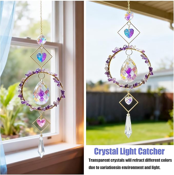 Crystal Wind Chimes Suncatcher, Window Prism Hanging Decor with Rainbow Maker Feature, Metal Frame Crystal Design for Indoor Outdoor Spaces, Home Garden Gifts Idea