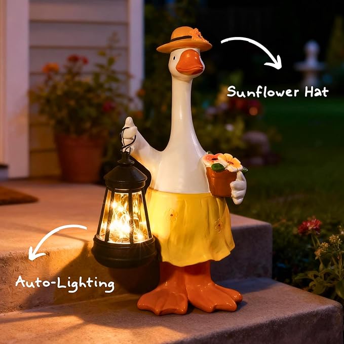 Goose Garden Statues Porch Goose Statues with Solar Lantern Spring Yard Lawn Front Porch Home Outdoor Decoration Duck Mother's Day Easter Christmas Birthday Gifts for Mom Women