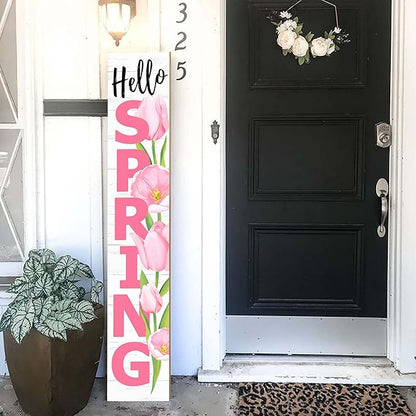 Hello Spring Porch Sign Tulip Wooden Welcome Sign Vertical Spring Hanging Signs For Standing Front Porch Decor Rustic Wall Decor Home Farmhouse Yard Door Spring Decorations 47.2"H