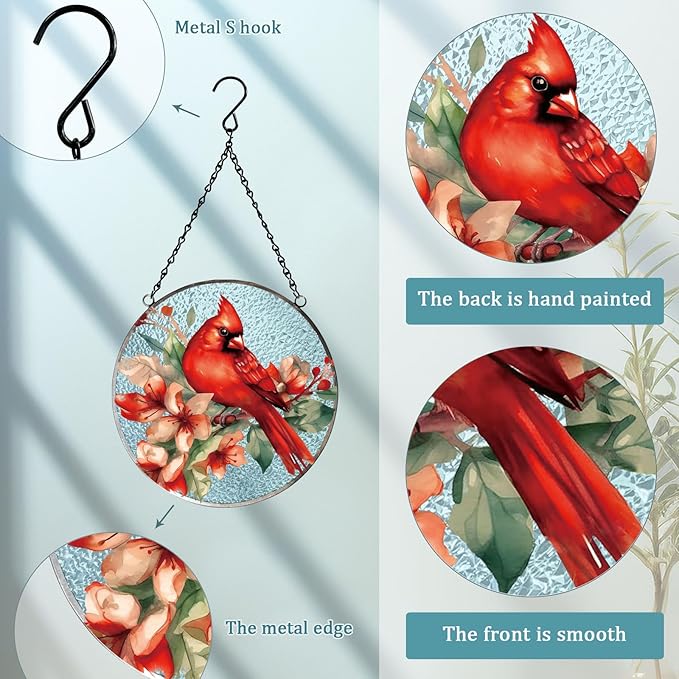 FONMY Cardinal Glass Suncatcher Window Hanging Decor., Red Cardinal Xmas Gifts for Women, Mom, Bird Lover,Red Bird Suncatchers for Windows,Home & Garden, Hand Painted Glass Christmas Ornament,(6inch)