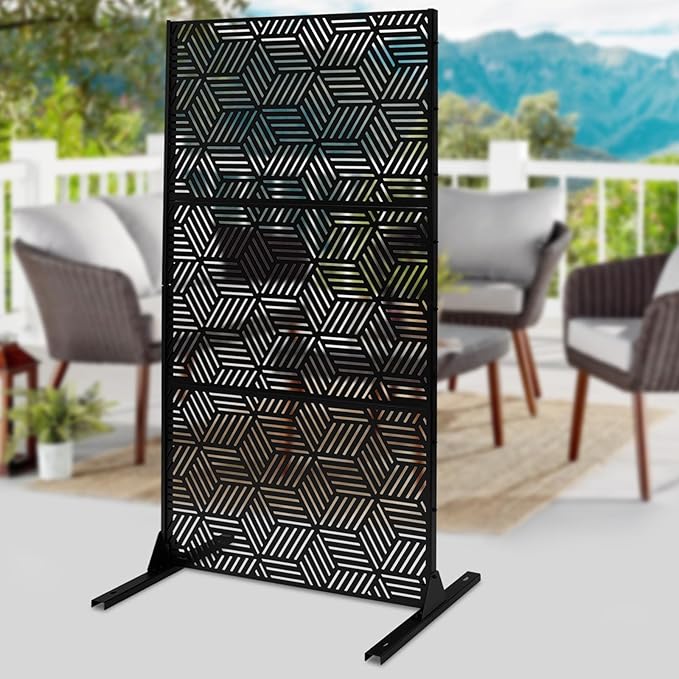 Metal Privacy Screen, 72" H x 36" W Freestanding Privacy Screens, Patio Decorative Metal Fence Panels with Stand, Portable Divider Screens, for Backyard/Patio/Deck (Black-Rhombic, 72''H×36''W)