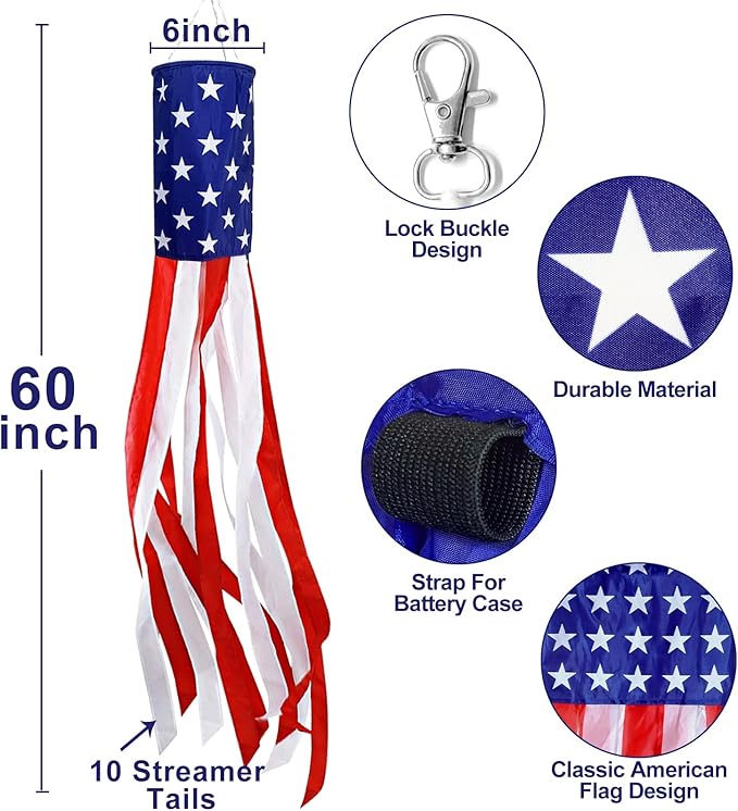 2 Pack 60 Inch American Flag Windsock with Red White Blue LED Lights, 250th Anniversary USA 4th of July Decorations Wind Socks for Outside, Patriotic Memorial Day Independence Day Decor