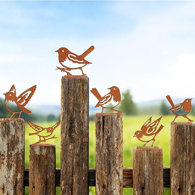 6 Pcs Robins Fence Decor, Outdoor Garden Metal Bird Decoration, Metal Art Ornament for Yard, Double-Side Design