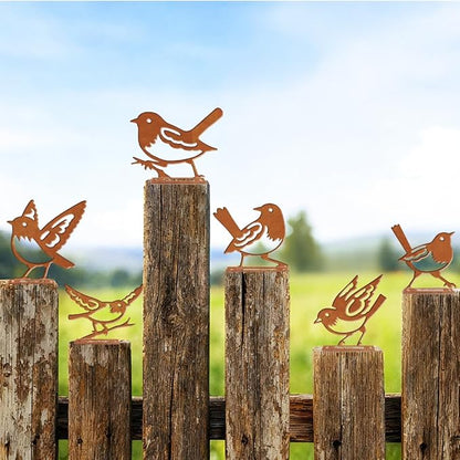 6 Pcs Robins Fence Decor, Outdoor Garden Metal Bird Decoration, Metal Art Ornament for Yard, Double-Side Design