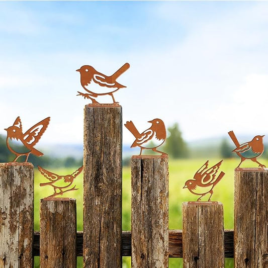 6 Pcs Robins Fence Decor, Outdoor Garden Metal Bird Decoration, Metal Art Ornament for Yard, Double-Side Design