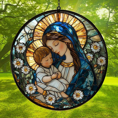 Virgin Mary Acrylic Suncatcher Stained Glass Effect Window Car Hanging Christmas Ornament Indoor Outdoor Decor Garden Memorial Sun Catcher for Family Christmas Jesus Gift for Women Mom Grandma
