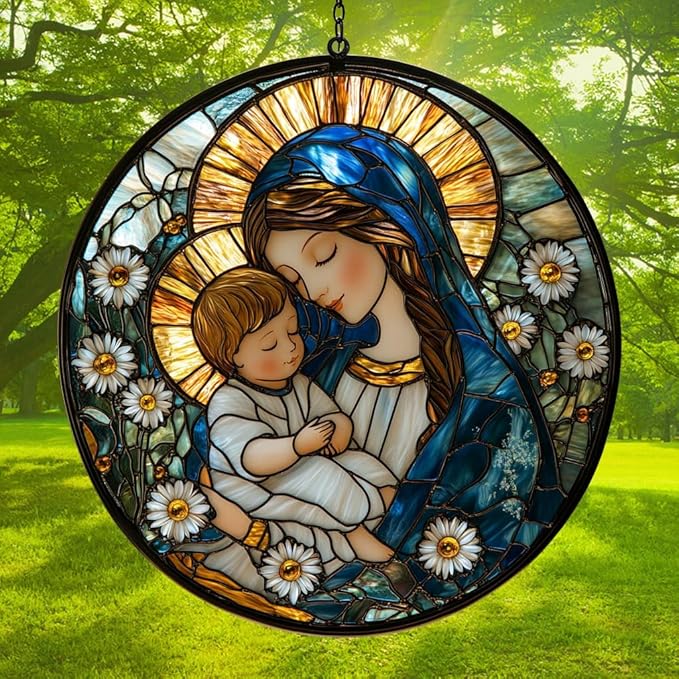 Virgin Mary Acrylic Suncatcher Stained Glass Effect Window Car Hanging Christmas Ornament Indoor Outdoor Decor Garden Memorial Sun Catcher for Family Christmas Jesus Gift for Women Mom Grandma