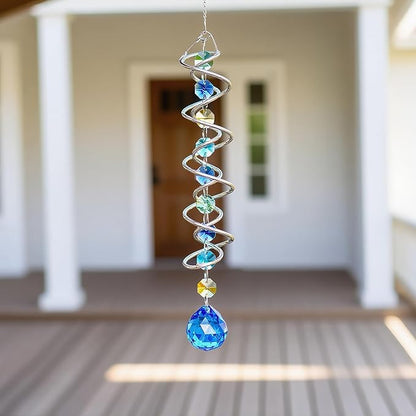 H&D HYALINE & DORA Gazing Ball Spiral Tail Wind Spinner Spiral Blue Crystal Ball with Hook Sun Catcher Rainbow Maker Hanging Decor for Yard Garden Rotating Art 20.5 "