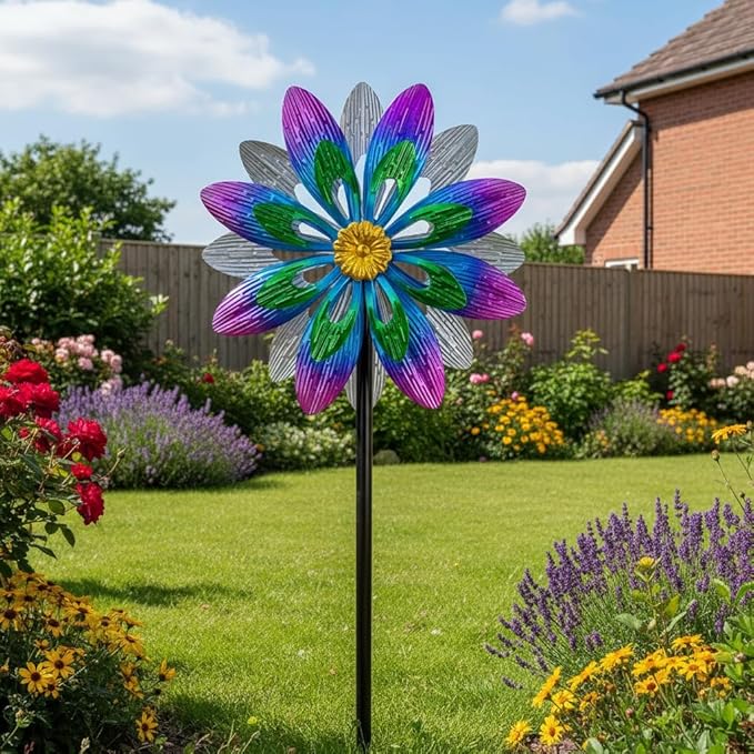 360°Metal Wind Spinner Outdoor,13”Double Wind Sculptures Garden Pinwheels with Metal Stak,Waterproof Pinwheels Large Wind Spinner for Yard and Garden（Purple）
