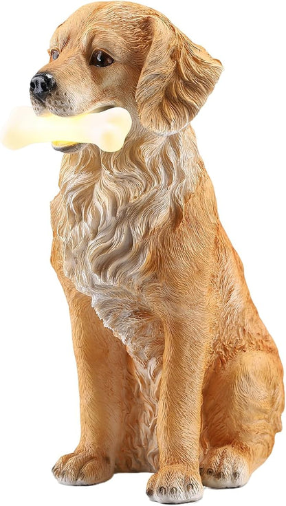 13.6" Solar Golden Retriever Garden Statue with Bone Light, Resin Sitting Dog Outdoor Decor, Waterproof Solar Powered Animal Statue for Yard, Lawn, Garden