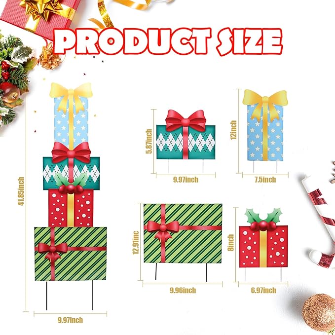 WONDER GARDEN Christmas Yard Signs, Metal Gift Boxes Yard Stakes Christmas Outdoor Decorations Freely Mix and Match for Xmas Holiday Outdoor Garden Lawn Pathway Decor