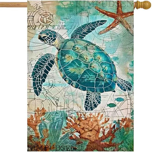Sea Turtle Summer House Flag 28 x 40 Inch Double Sided, Summer Welcome Tropical Ocean Burlap Yard Flag Holiday Outside Decorations
