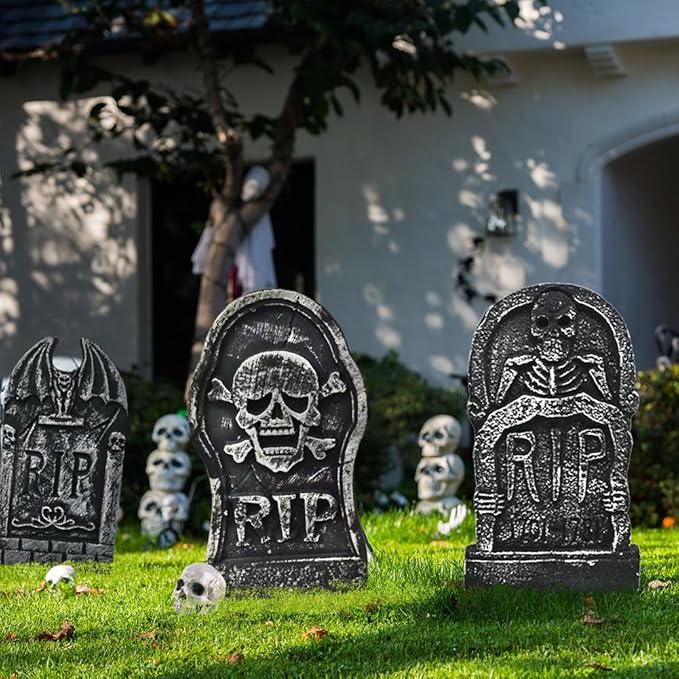 WODMAZ Halloween Foam RIP Graveyard Tombstones (5 Pack), Headstone Yard Decorations with 10 Metal Stakes, Halloween Tombstone Decorations for Lawn Yard Garden Outdoor Indoor Decor