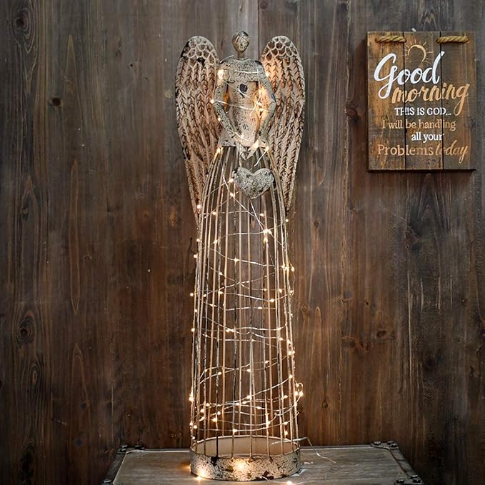 Attraction Design Antiqued Metal Garden Angel Statue Set of 2, Indoor Outdoor Angel Yard Art Decor Lawn Patio Decorations Holiday Decor Garden Idea (2 Pack)