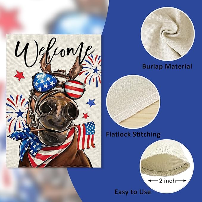 Welcome 4th of July Donkey Patriotic Decorative Garden Flag, America USA Stars Stripes Independence Day Yard Outside Decorations, American Firework Outdoor Small Home Decor Double Sided 12 x 18