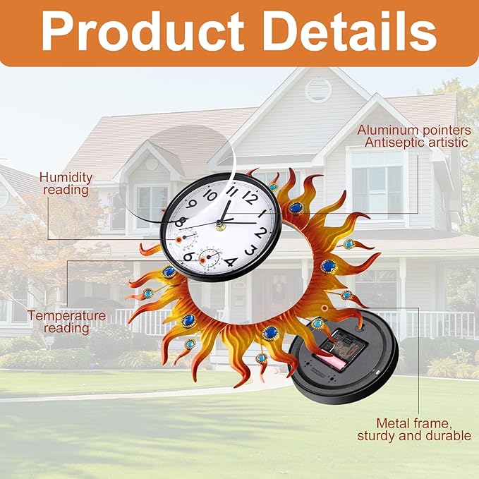 shumi Sun Outdoor Clock, Wall Clock with Temperature Waterproof, Silent Non-Ticking Outside Clocks for Patio Garden Pool Living Room Home
