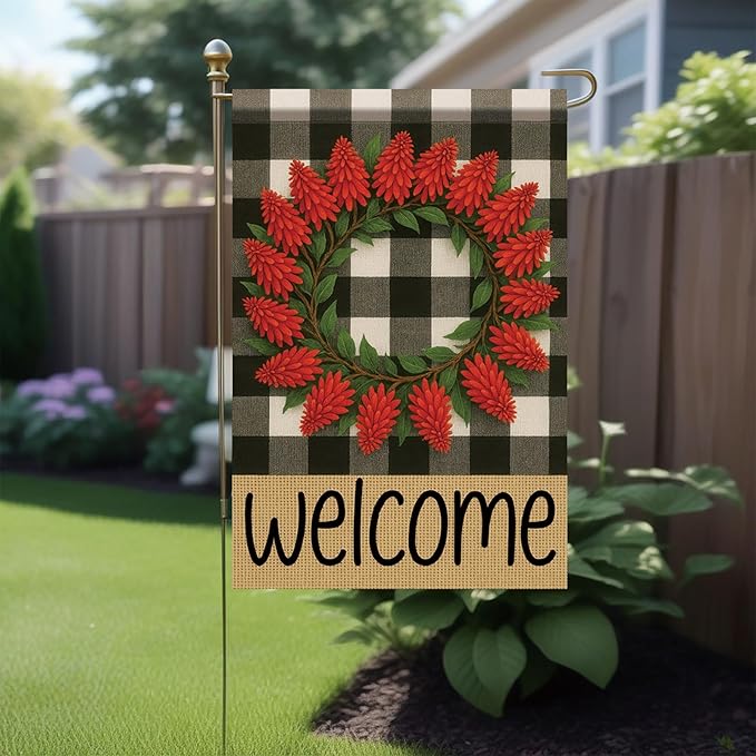 Welcome Spring Summer Garden Flags for Outside 12x18 Double Sided Buffalo Plaid Wreath Red Pinecone Flower Seasonal Sign Small Yard Flag Farmhouse Holiday Outdoor Decor