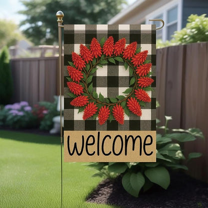 Welcome Spring Summer Garden Flags for Outside 12x18 Double Sided Buffalo Plaid Wreath Red Pinecone Flower Seasonal Sign Small Yard Flag Farmhouse Holiday Outdoor Decor