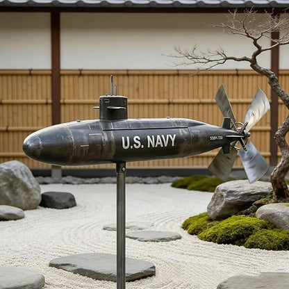 Metal Submarine Wind Spinner, U.S. Navy Style Garden Windmill, 360° Rotating Wind Sculpture for Yard, Patio, Lawn, Outdoor Decor, Veteran Gift
