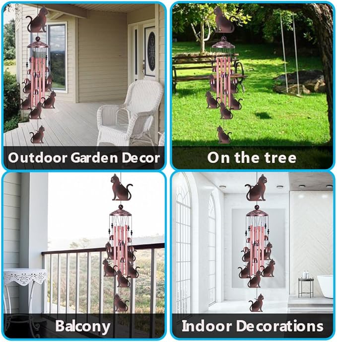 Garden Cat Wind Chimes Outdoor Indoor Decor - with 4 Tubes 6 Bells 7 Cats Wind Chime, Mobile Romantic Cat Wind Catcher, Cats Windchimes for Home, Mom Gifts, Balcony, Tree, Festival, Garden Decoration