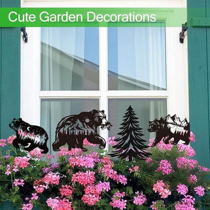 Bear Garden Stake Outdoor Yard Decor – Set of 4 Metal Black Lawn Ornament, Cute Bear Lover Gift for Women Men, Weather-Resistant Bear Silhouette Statues Yard Art for Patio