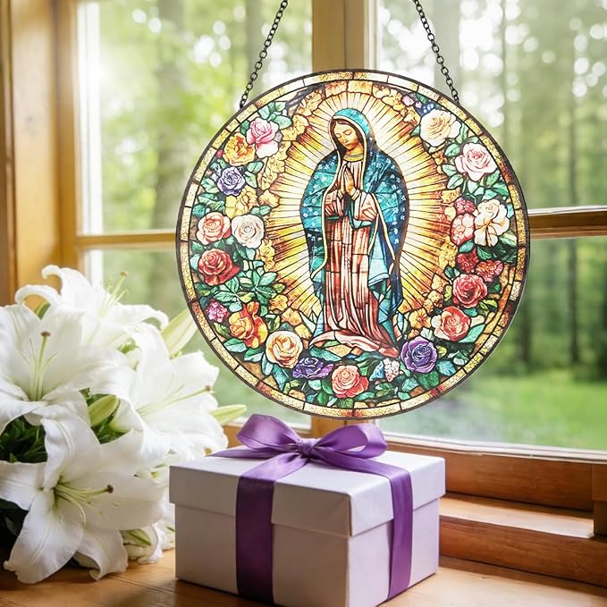 Mexican Virgin Mary Stained Glass Suncatcher, Christian Window Hanging Decor, Stained Panel Hangings Wall Art, Religious Home Ornament, for Mom Grandma
