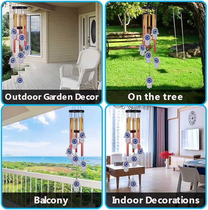 Blue Evil Eye Hand of Fatima Wind Chimes Outdoor Decoration, Evil Eye Wind Bells, Hamsa Hand Windcatcher, Fatima's Holy Hand Blue Evil Eye Amulet Wind Chimes for Home,Gift for Mom,Balcony,Patio,Garden